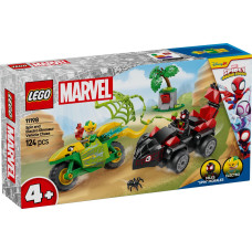 Lego Spidey griešanās un elektro dinozauru transportlīdzekļu pakaļdzīšanās